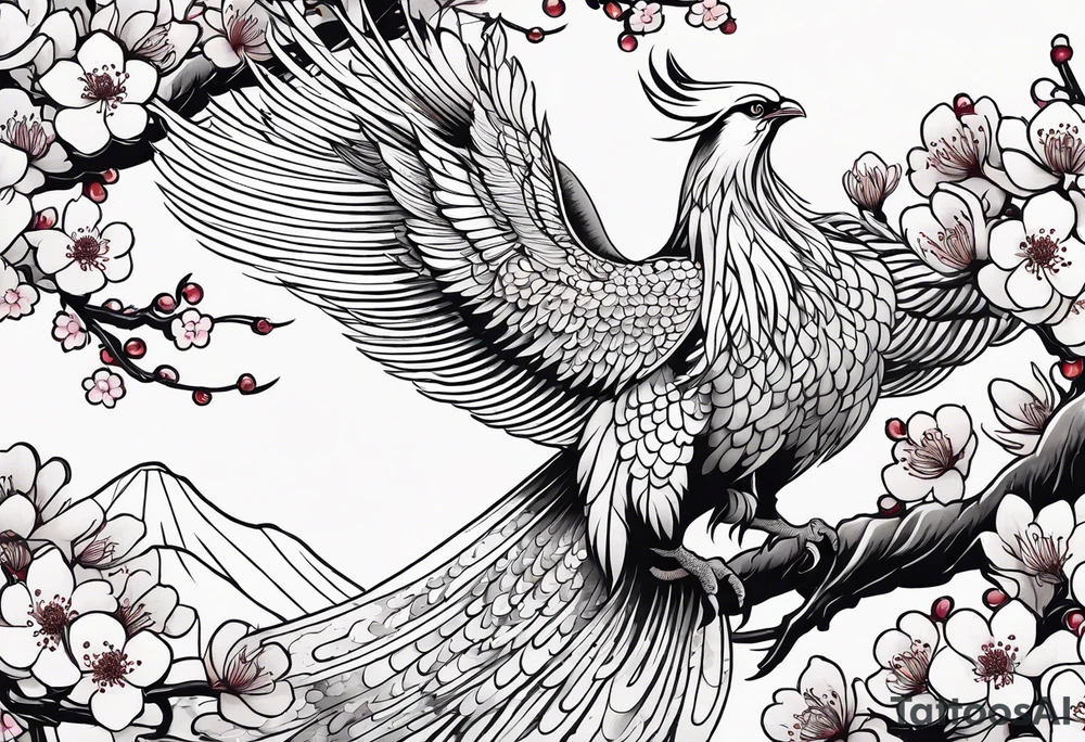 traditional Japanese phoenix and cherry blossoms no background tattoo idea