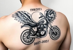 the year 1958 - 2021 with a motorcycle on it with guardian angel wolves tattoo idea