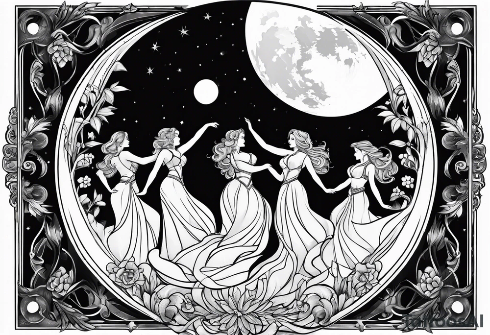 crystal ball that shows three women dancing underneath a full moon tattoo idea