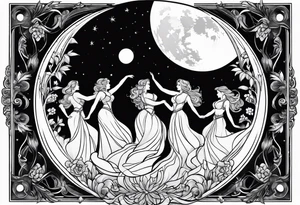 crystal ball that shows three women dancing underneath a full moon tattoo idea