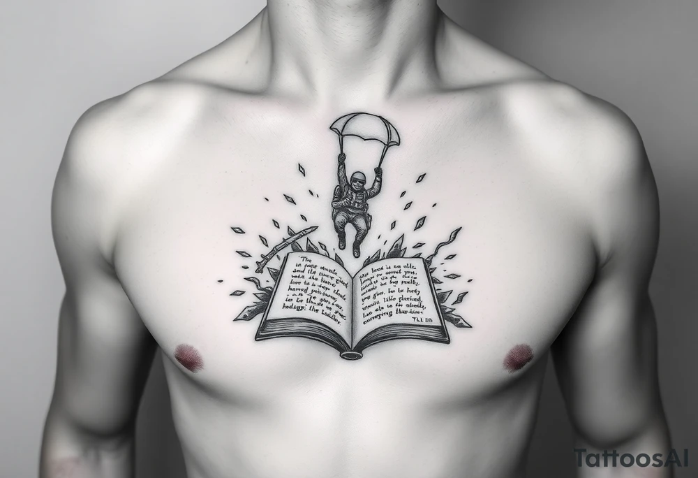A parachuting soldier landing into an open book. Chaos surrounding, but the book is protecting the soldier from it. On the chest. book contains a quote. Make it smaller. tattoo idea