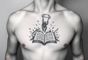 A parachuting soldier landing into an open book. Chaos surrounding, but the book is protecting the soldier from it. On the chest. book contains a quote. Make it smaller. tattoo idea