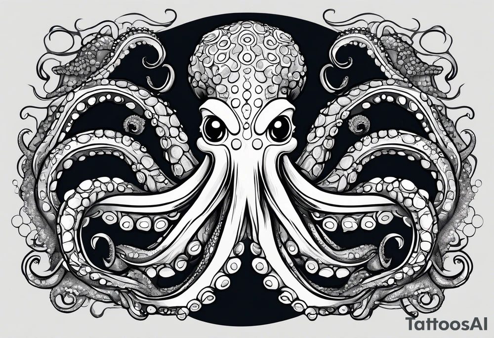 friendly looking, large and long octopus with multiple tentacles and suckers  that would be designed to drape around an arm tattoo idea