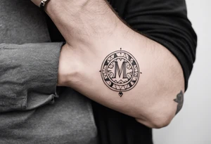 small tattoo on the forearm of a man with the initials MLJ, date of birth 22/09/22 in the style of a moluccan tattoo tattoo idea