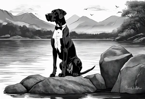 Arm sleeve for man with Great Dane (Full Tuxedo Color and floppy ears) standing proudly chest up on a rock in front of a body of water tattoo idea