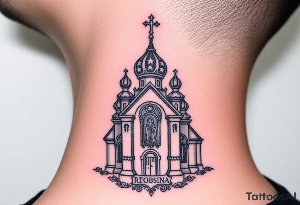 medium traditional russian orthodox church with a russian coat arms and virgin mary tattoo idea
