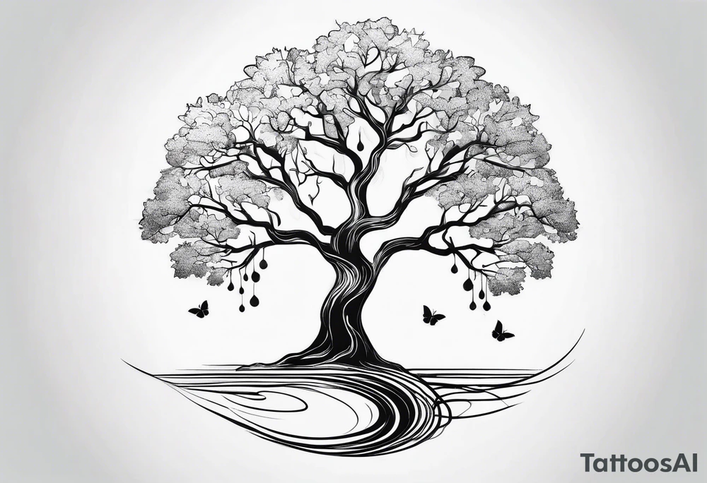 One line tattoo of oak tree with little gift at the bottom tattoo idea