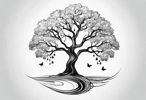 One line tattoo of oak tree with little gift at the bottom tattoo idea