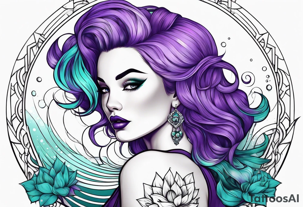 Pinup woman with purple and teal cooled hair underwater tattoo idea