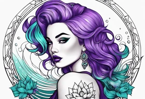 Pinup woman with purple and teal cooled hair underwater tattoo idea