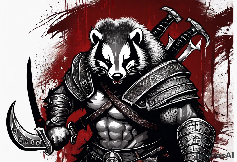 Draw me psychopath Badger/Berserker with aggressive full body, killer face with a scary smile, very long nails and he attacks like a Bloody Assassin/Warrior/Gladiator to us and also, he has very deadly looking. He fights with his nails. Everybody scares after their first sight. Give me horror type Badger Tattoo. I want to see his Realistic full body. tattoo idea