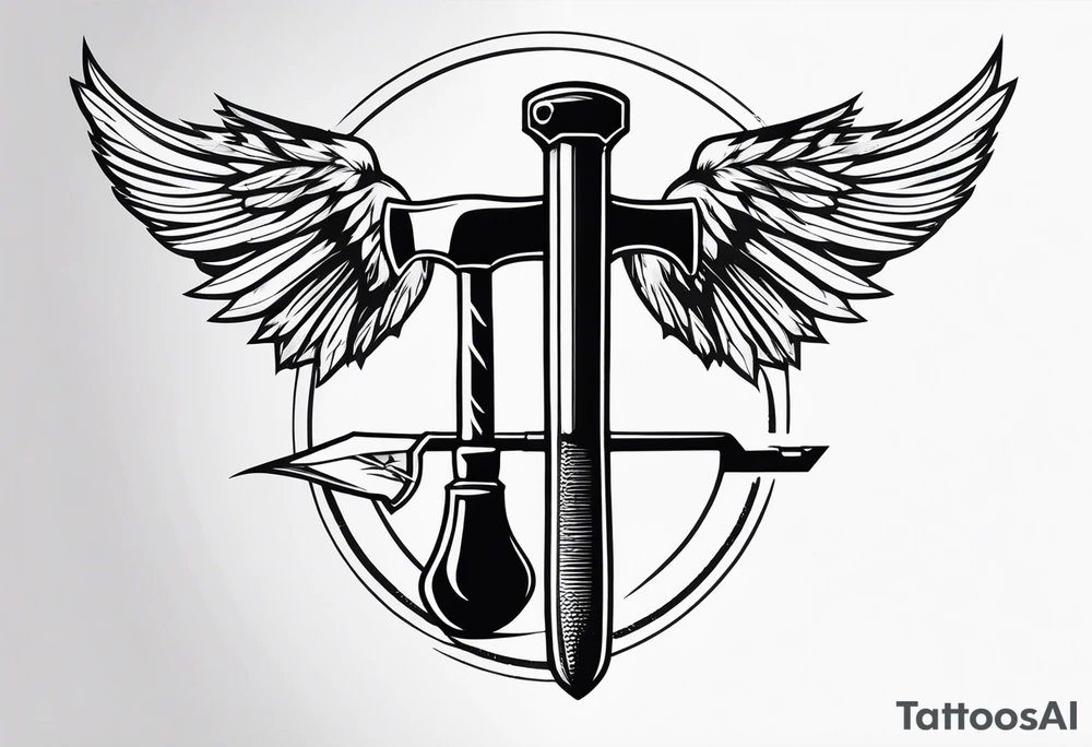 crossed miner's hammer and pick are between the canary's raised wings tattoo idea