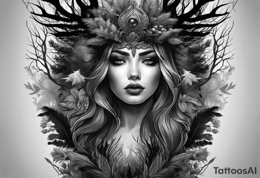 realistic black and gray dark
forest tattoo idea