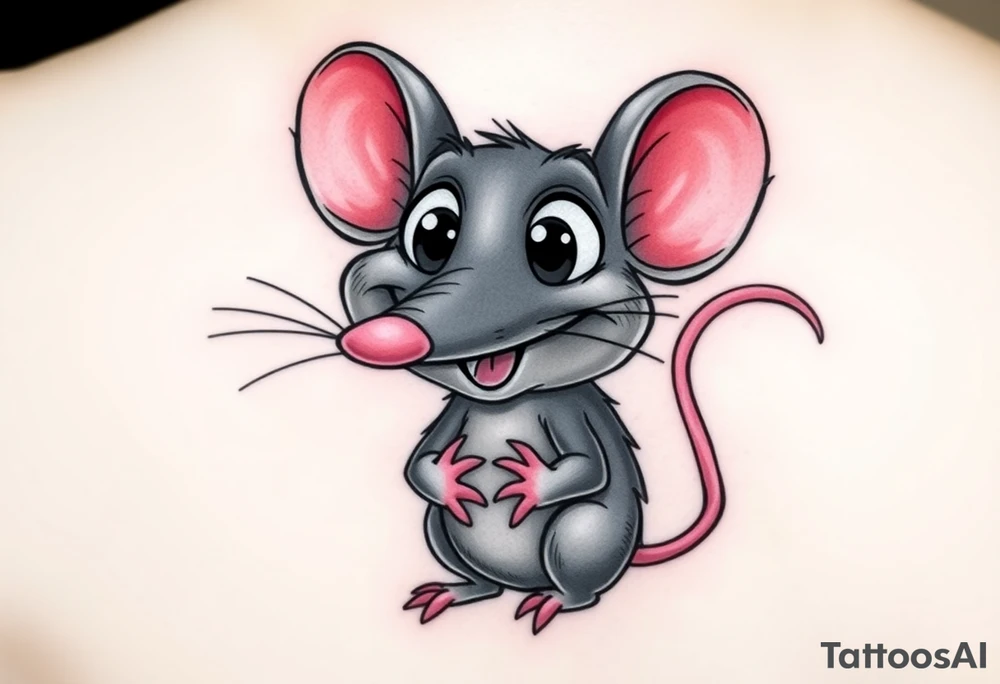 The image shows a cartoon rat with a long pointed nose, huge bulging eyes, and a cheeky, mischievous smile. The rat is grey with big pink ears and a thin pink tail visible on the right. Its little hands are held up close to its chest in a playful, sneaky pose. The expression makes the rat look funny, surprised, and a bit sly at the same time.

I want all his body..bigger nose, eyes poped out from the head + foots / i want the picture from the profile/side tattoo idea