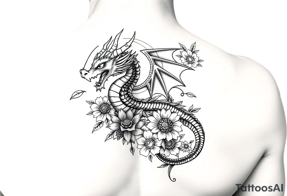 feminine dragon with floral design around it tattoo idea