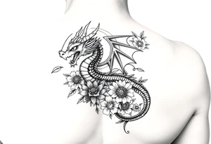 feminine dragon with floral design around it tattoo idea