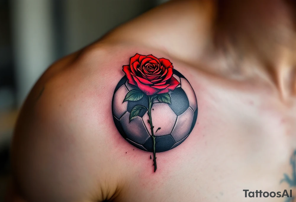A black and gray soccer ball inked with a red rose growing through its panels. tattoo idea