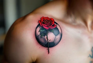 A black and gray soccer ball inked with a red rose growing through its panels. tattoo idea