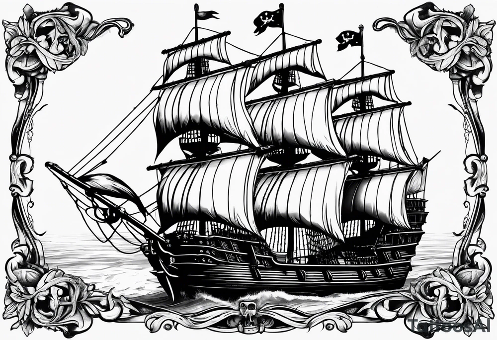 Queen Anne's Revenge pirate ship with captain Blackbeard tattoo idea