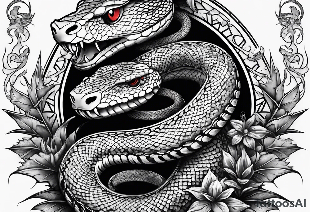 sleeve tattoo with a snake, gun, weed symbol and a medallion that says Hydra tattoo idea