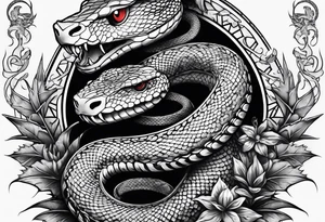 sleeve tattoo with a snake, gun, weed symbol and a medallion that says Hydra tattoo idea