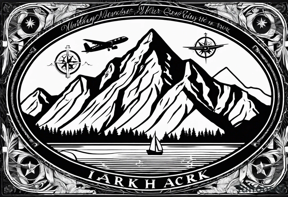 The word "HARK" as a banner with a mountain, a carabiner, compass, lake and an airplane in a circular design tattoo idea