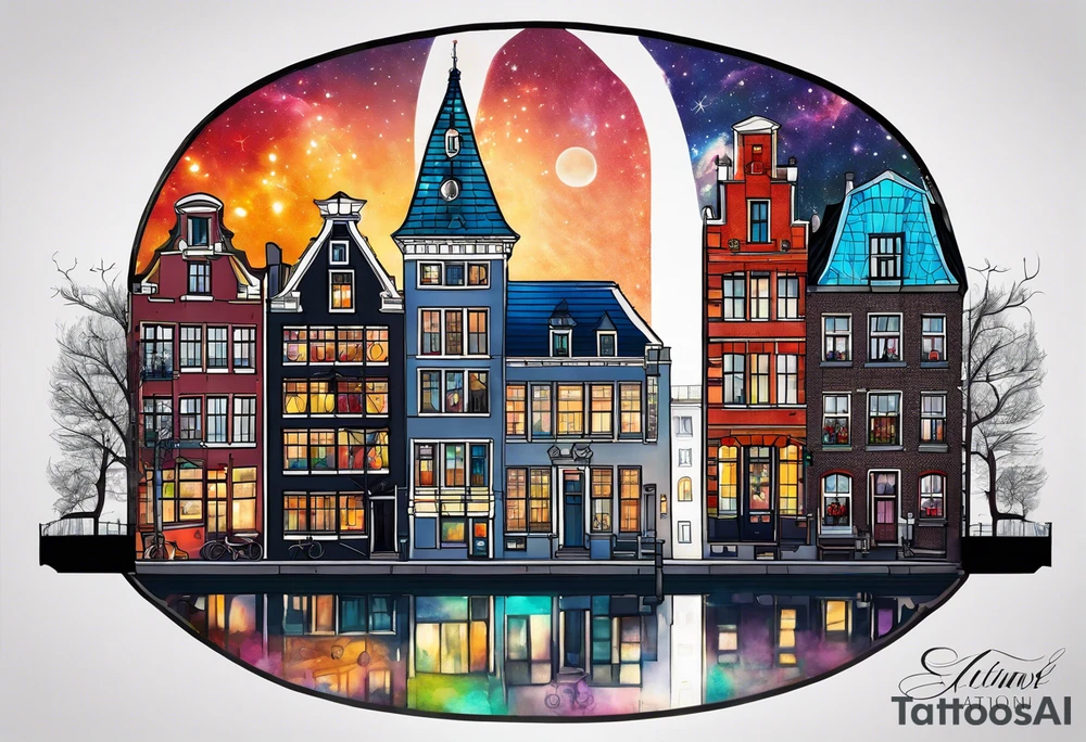 Tattoo of glass animals in Amsterdam buildings and canal featuring glass and colours of galaxy and universe colours tattoo idea