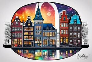 Tattoo of glass animals in Amsterdam buildings and canal featuring glass and colours of galaxy and universe colours tattoo idea