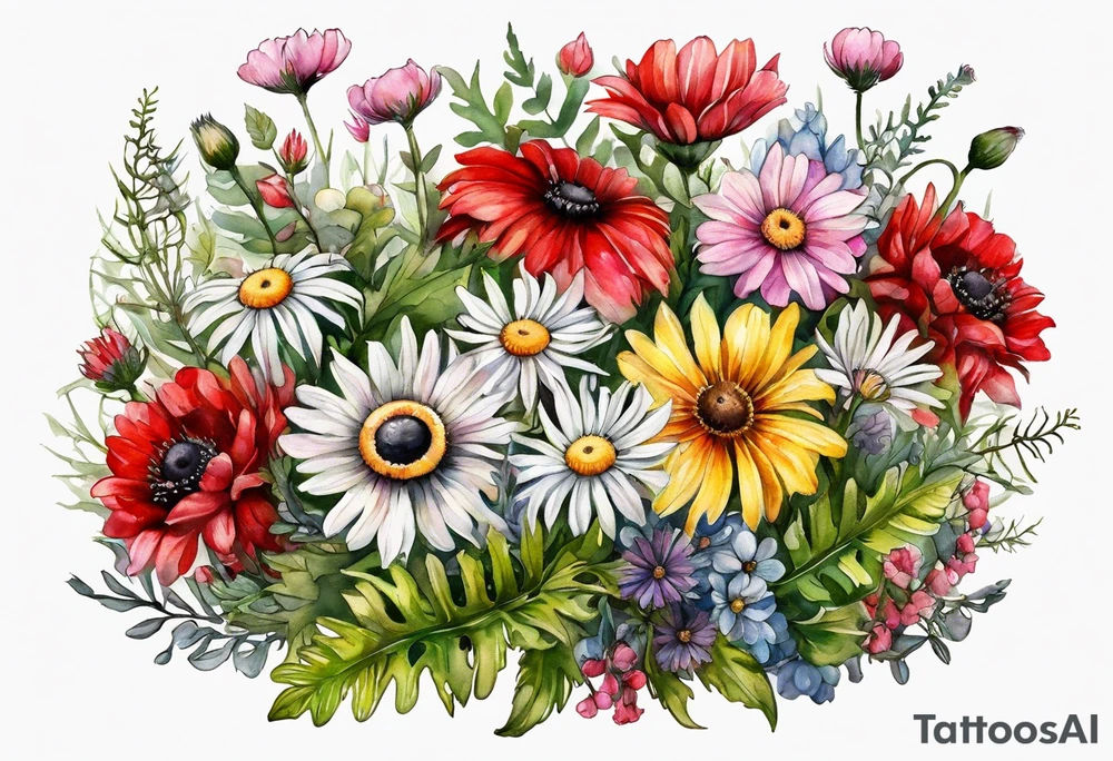 an oval of wildflowers cascading with thistles, ferns, white anemones, sun flowers, red flowers, black flowers, buttercups, pink flowers, babys breath and daisies all in watercolor tattoo idea