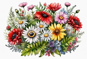 an oval of wildflowers cascading with thistles, ferns, white anemones, sun flowers, red flowers, black flowers, buttercups, pink flowers, babys breath and daisies all in watercolor tattoo idea