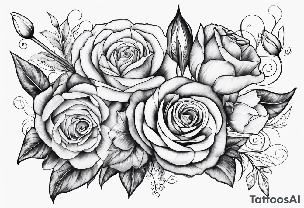 Roses and tulips with decorative swirls tattoo idea