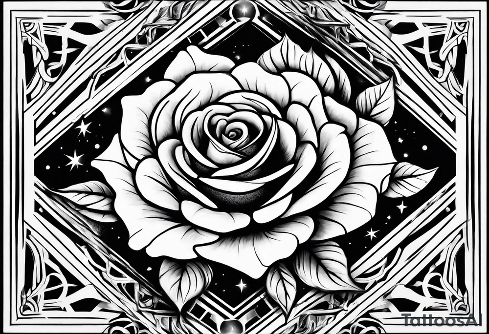 Tesseract with big roses and small stars tattoo idea