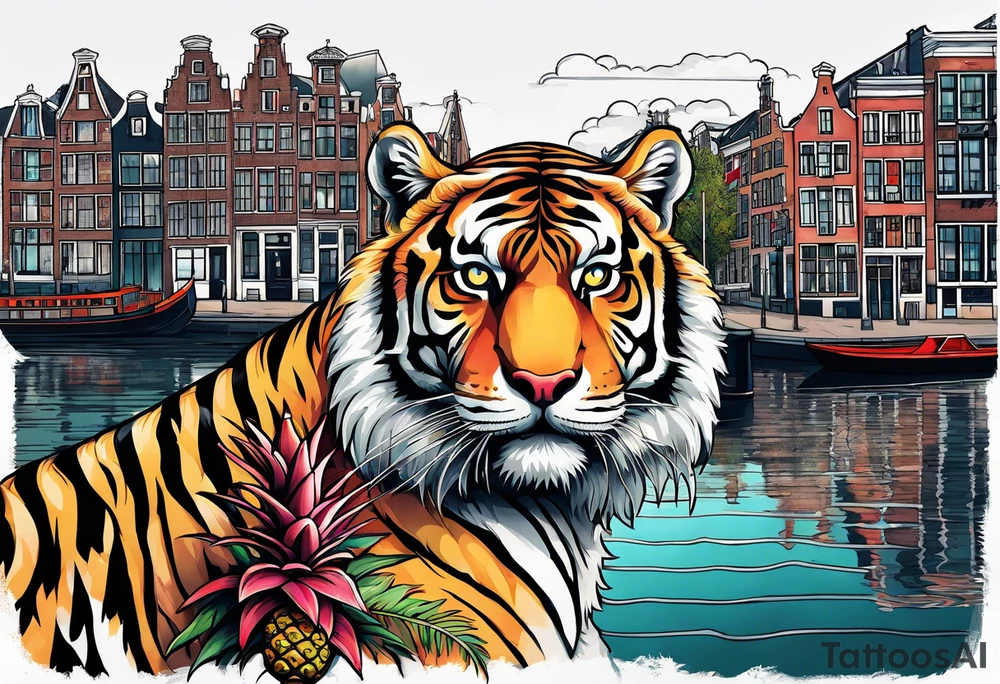 Tiger and pineapple featuring Amsterdam buildings and canal tattoo idea