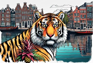 Tiger and pineapple featuring Amsterdam buildings and canal tattoo idea