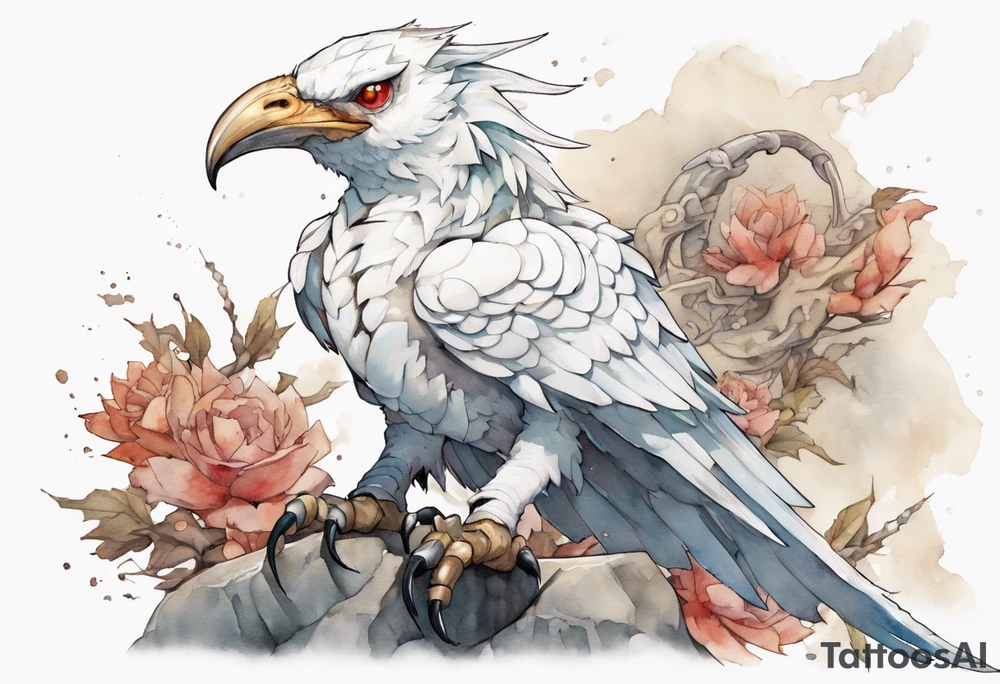 a white bird-wyvern hybrid, wearing an iron collar, perched on a stone tattoo idea