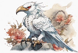 a white bird-wyvern hybrid, wearing an iron collar, perched on a stone tattoo idea