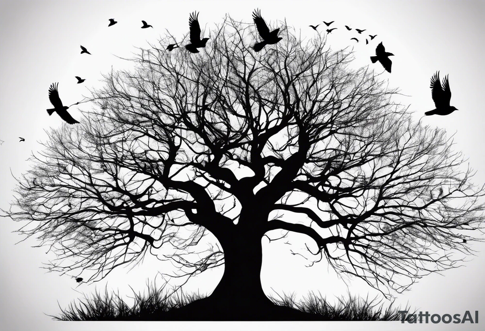 Leafless tree with a mix of birds and black birds flying by it. Make it skinnier with no leaves and just branches. Make the branches not go out as far tattoo idea