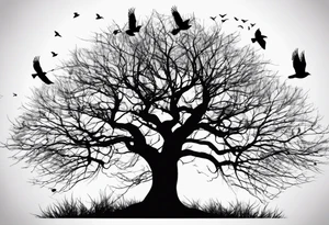 Leafless tree with a mix of birds and black birds flying by it. Make it skinnier with no leaves and just branches. Make the branches not go out as far tattoo idea