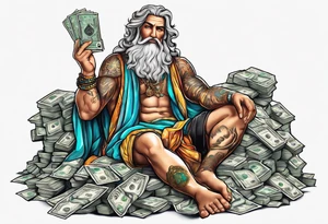 God on top representing god over everything, lower on the leg show things like money, drinking, something beachy, cards tattoo idea
