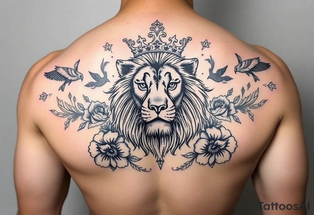 powerful majestic lion with a crown, surrounded by floral ornaments and birds tattoo idea
