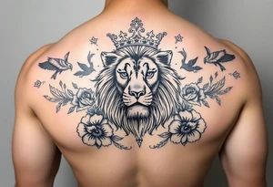 powerful majestic lion with a crown, surrounded by floral ornaments and birds tattoo idea