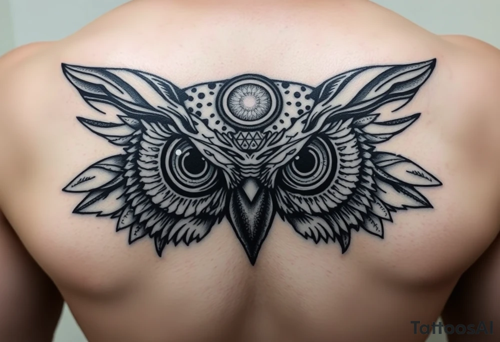 Owl head with large intense tripping on acid colored eyes with cyberpunk style  and geometry and glowing circle on the forhead with no pupils tattoo idea