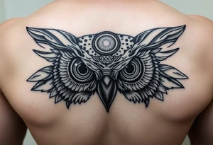 Owl head with large intense tripping on acid colored eyes with cyberpunk style  and geometry and glowing circle on the forhead with no pupils tattoo idea