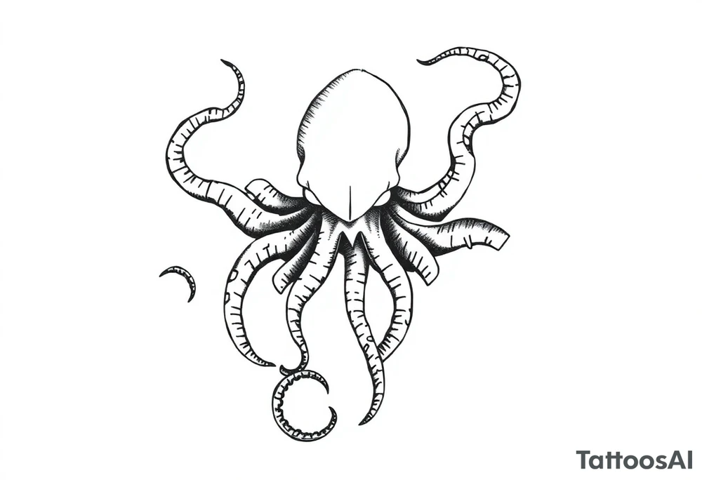 A minimalist blackwork tattoo design of an evil kraken The kraken is viewed from a 45-degree angle facing left, with its head centered. The tentacles extend only to the left and right, with none going downward beneath the head. The style is clean, fine-line detailing with bold outlines, avoiding heavy shading. The tentacles should be fluid, aggressive, and striking, enhancing the menacing and eerie look of the kraken while maintaining a cohesive design for a tattoo sleeve. tattoo idea