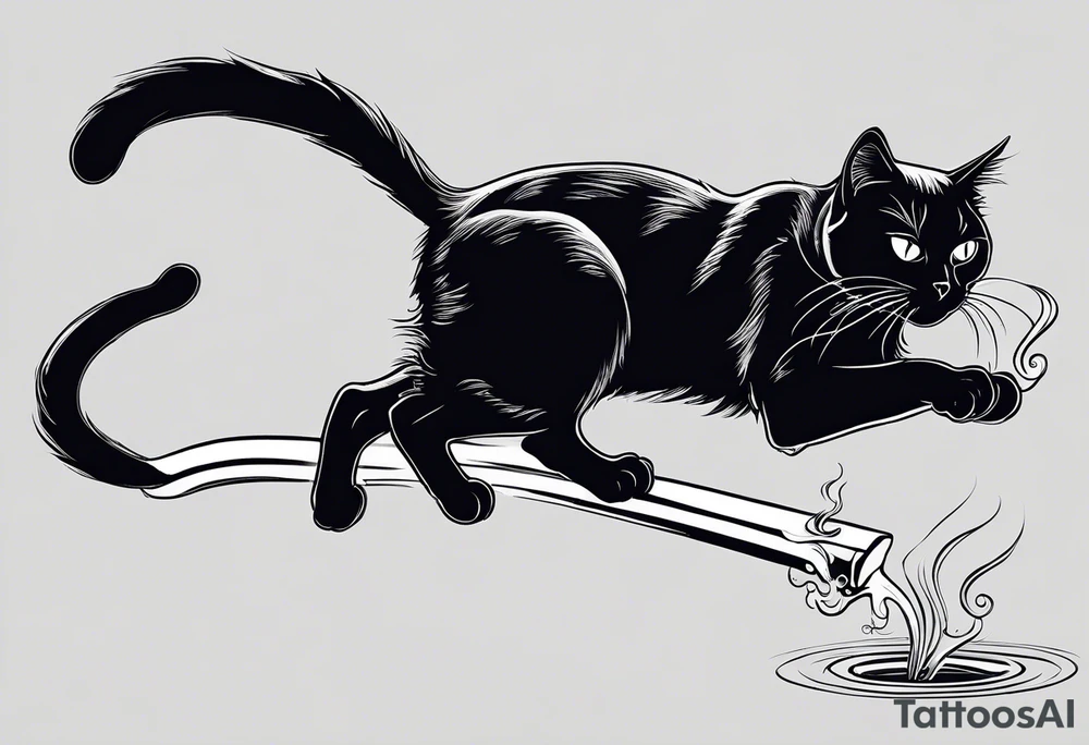 A black cat doing a kickflip while smoking a joint. tattoo idea