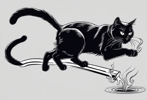 A black cat doing a kickflip while smoking a joint. tattoo idea