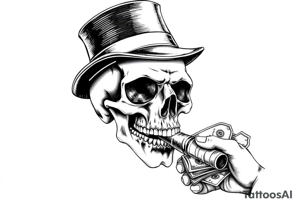 skull with mustache,a big cigar in his mouth,a top-hat on his head and alot of money in a hand. tattoo idea
