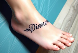 Anklet and charm name Diane on foot tattoo idea