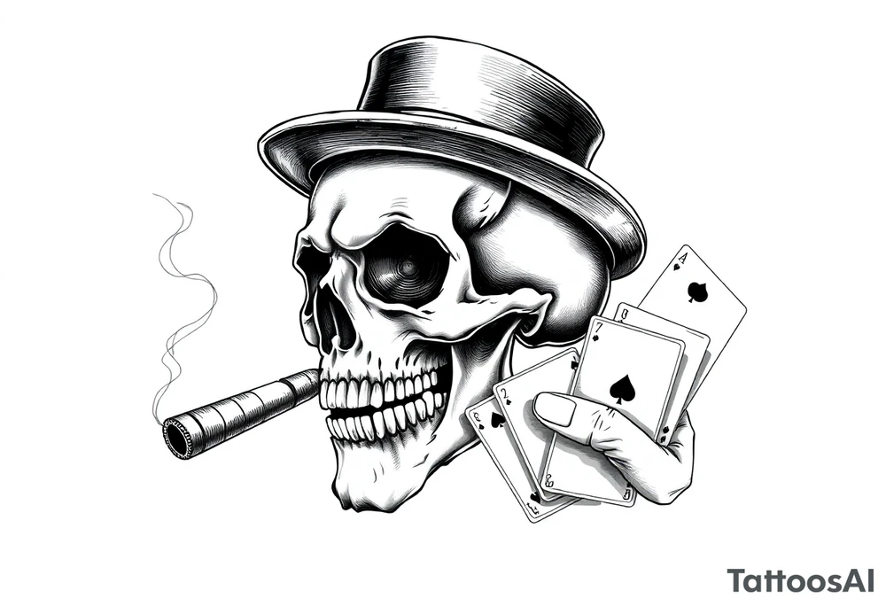 a skull with mustache, a big cigar in his mouth,top-hat on his head and playing cards in a hand. tattoo idea