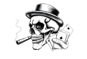 a skull with mustache, a big cigar in his mouth,top-hat on his head and playing cards in a hand. tattoo idea